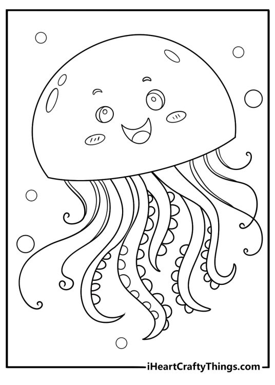 cartoon style jellyfish coloring page minimal lines chibi proportions not smiling for kids printable
