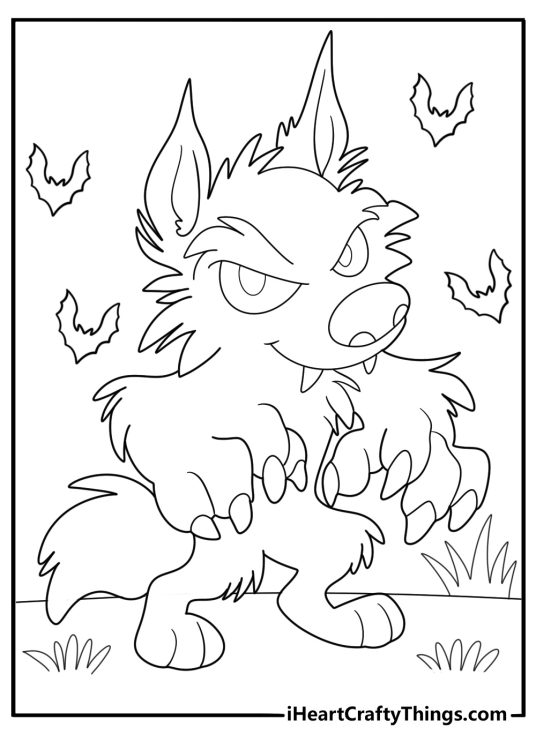 cartoon werewolf chasing after bats fun coloring sheet for kids
