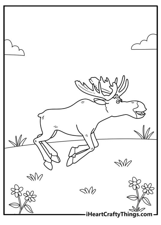 cartoony moose running on four legs fun coloring sheet