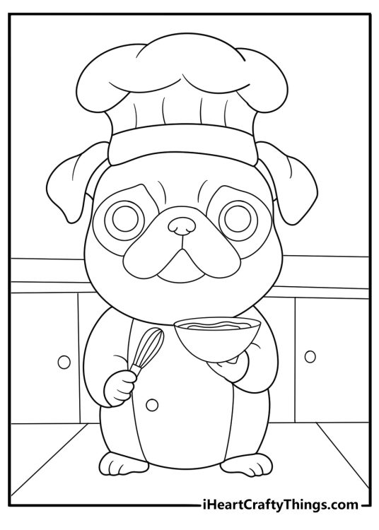 chef pug coloring page pug with chef hat beside mixing bowl kitchen scene coloring sheet