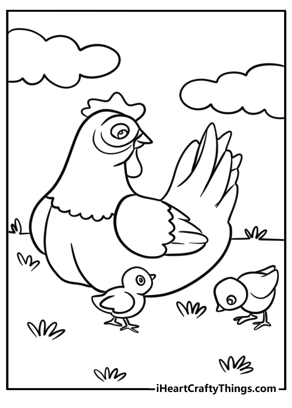 Chicken and chicks together coloring page