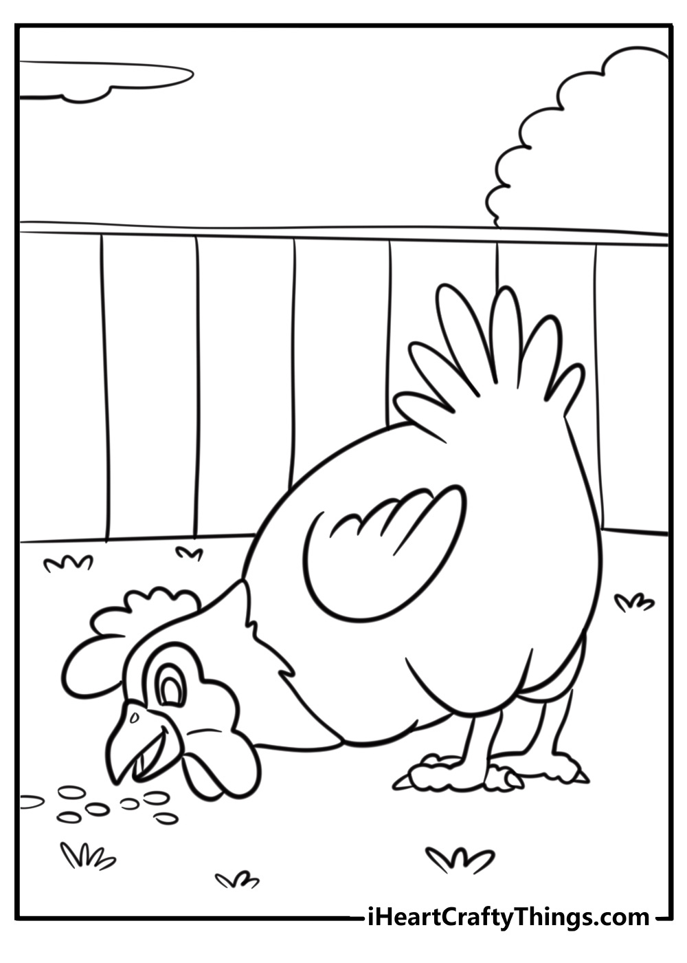 Chicken eating seeds in a farmyard free printable coloring page