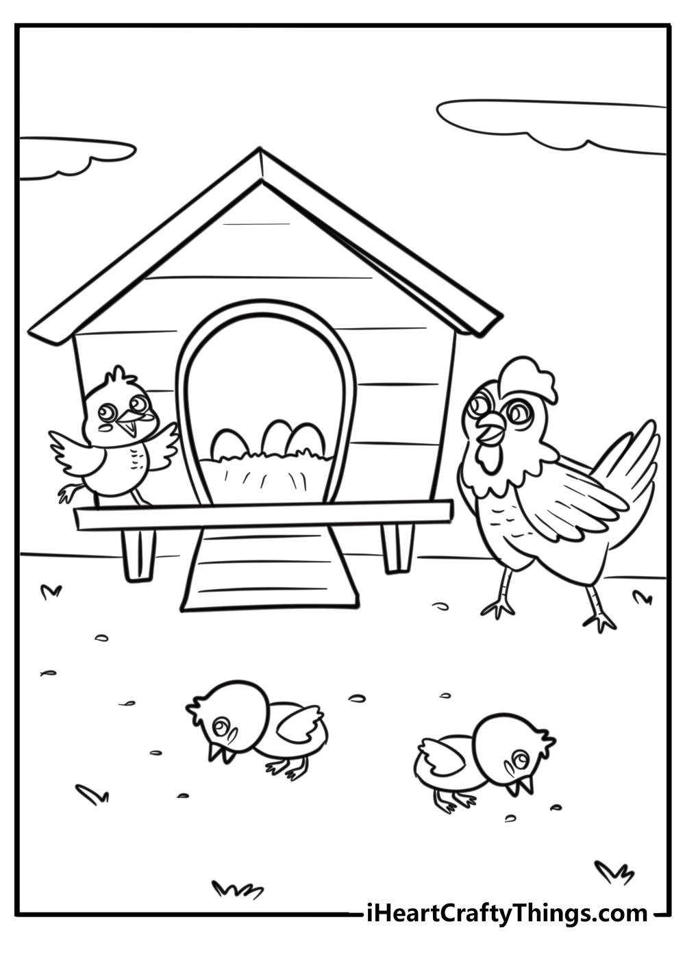 Chicken in a barn coloring page for kids