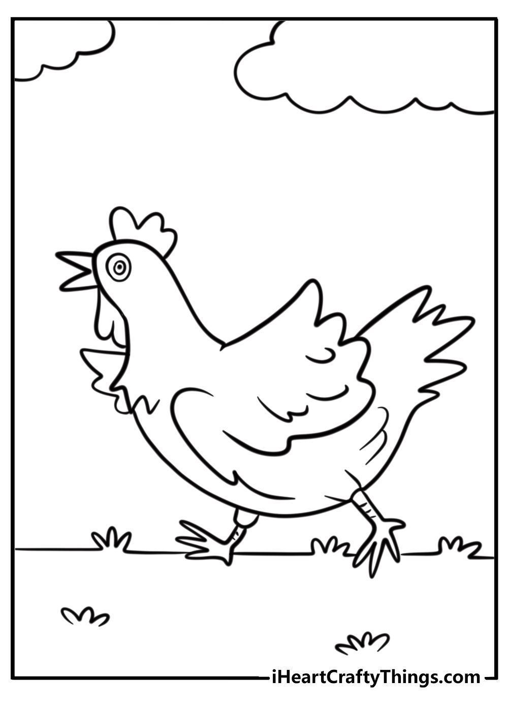 Chicken running in the field detailed coloring sheet