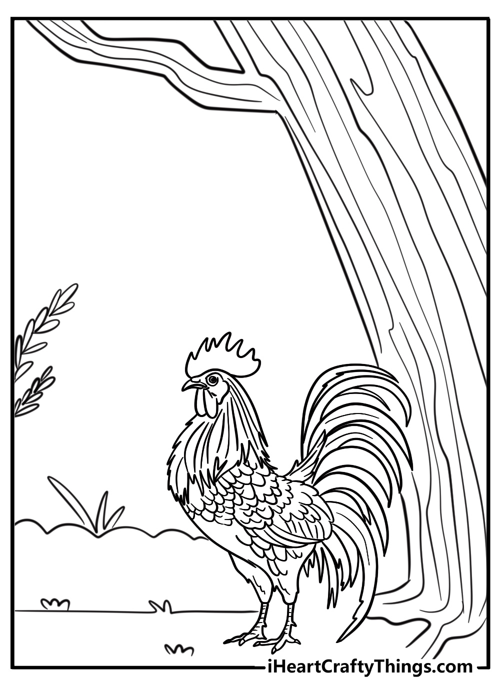 Chicken standing under a tree printable coloring page