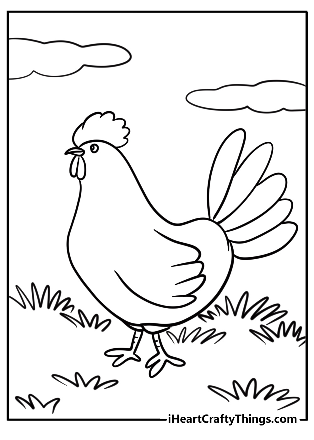 Chicken walking in a grassy yard fun coloring sheet