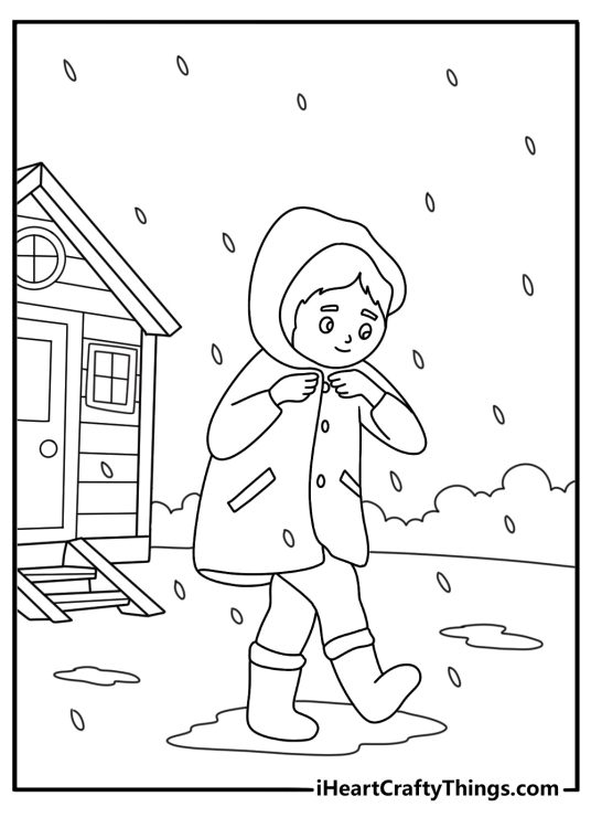 child puts on a raincoat before leaving home in this simple monthly coloring page
