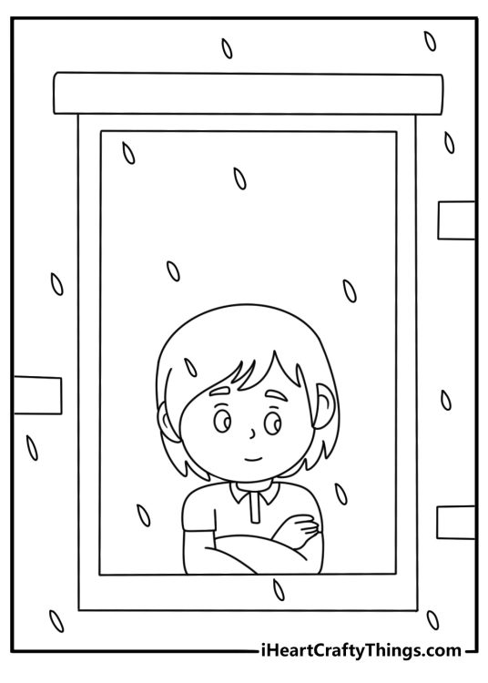 child watches rain trickling down a window in this simple coloring sheet