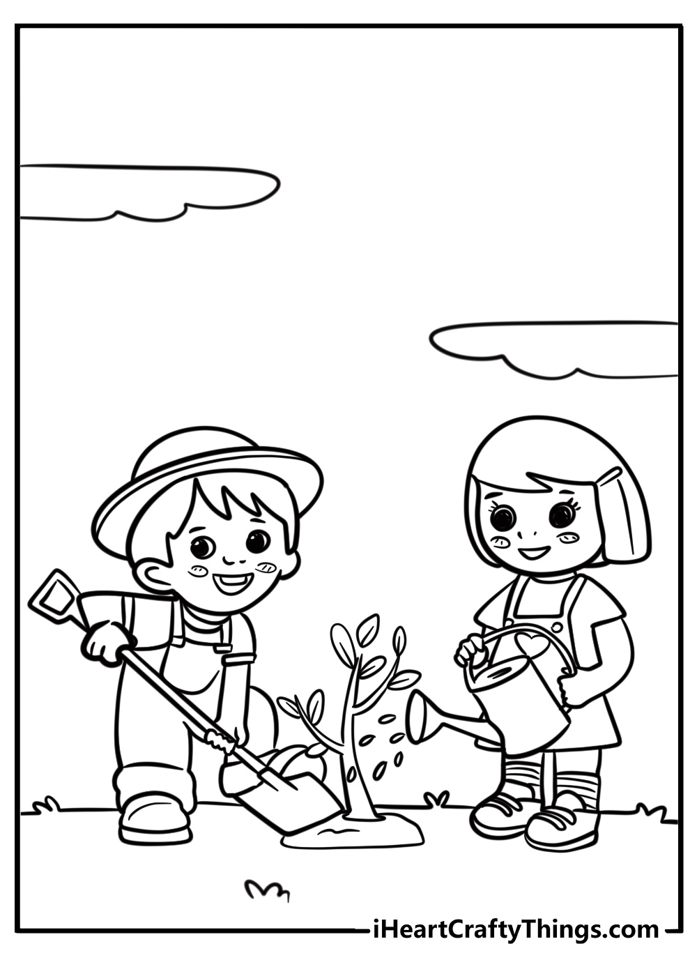 Children planting in the garden coloring page for kids