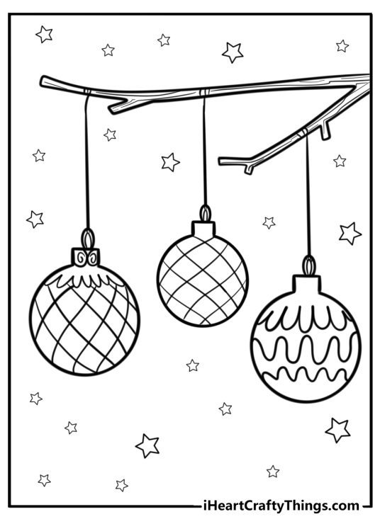 Drawing of a three Christmas ornaments hanging on a tree branch with stars in the background
