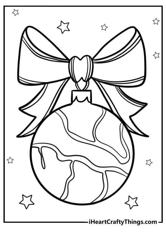 Coloring image presenting Christmas ornament with a big bow and stars all around it