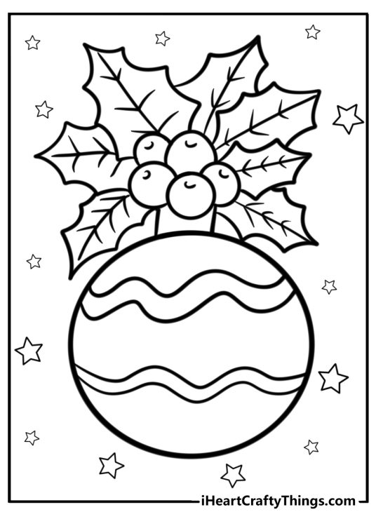 Free printable depicting Christmas ornament with holly leaves surrounded by stars