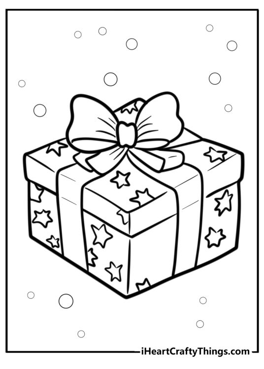 Free page to color featuring Christmas gift box with stars pattern and a big bow surrounded by bubbles