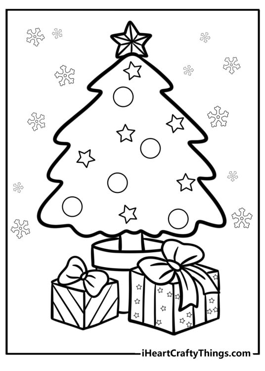 Coloring card featuring two Christmas presents under decorated Christmas tree with snowflakes in the background