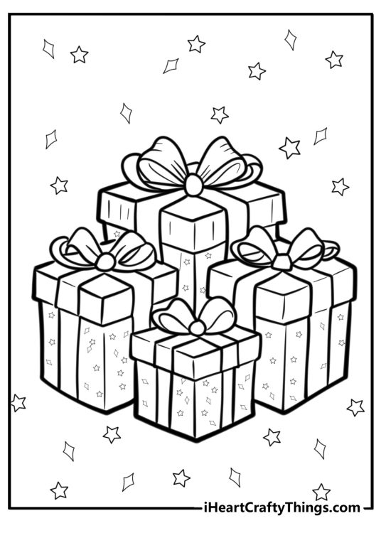 Free coloring sheet featuring four Christmas presents with stars and sparkles all around