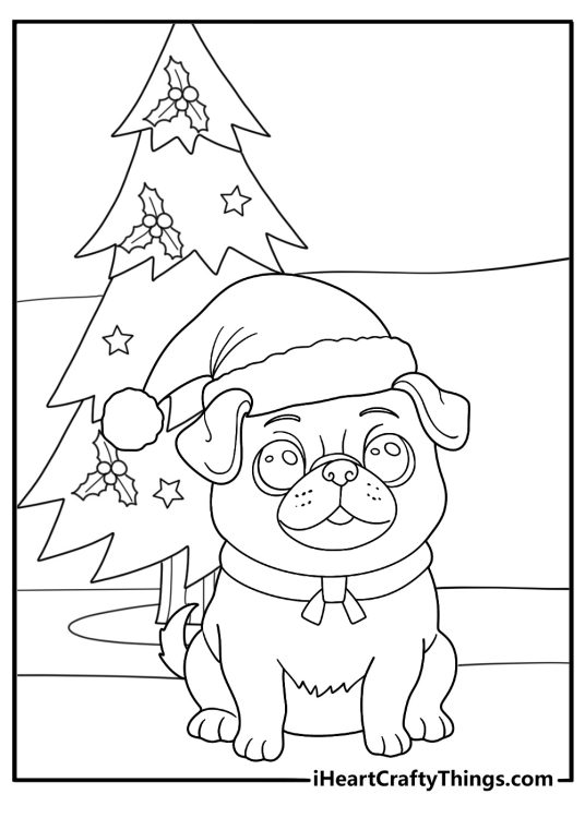 christmas pug coloring sheet pug with santa hat near decorated tree festive printable