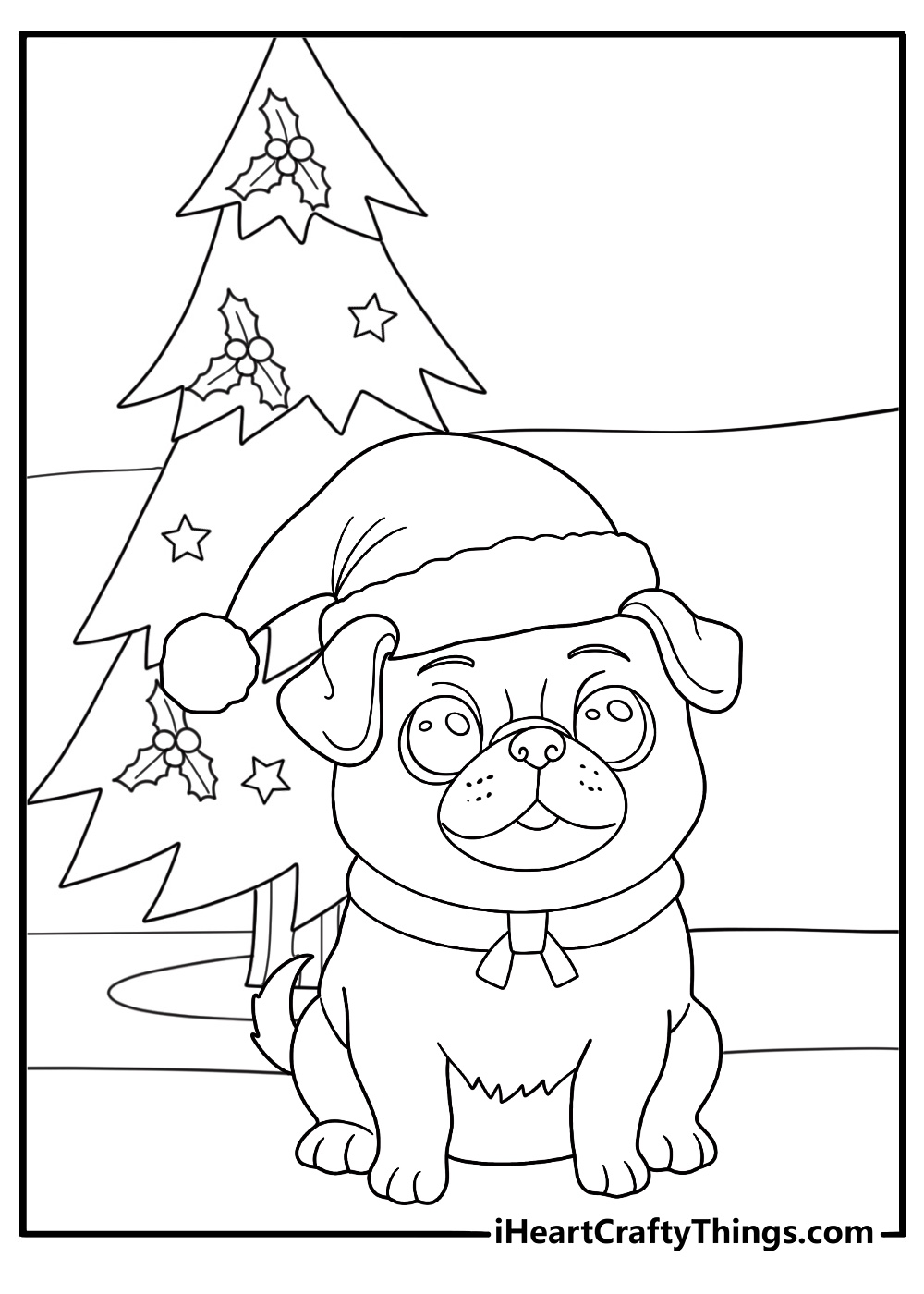 christmas pug coloring sheet pug with santa hat near decorated tree festive printable