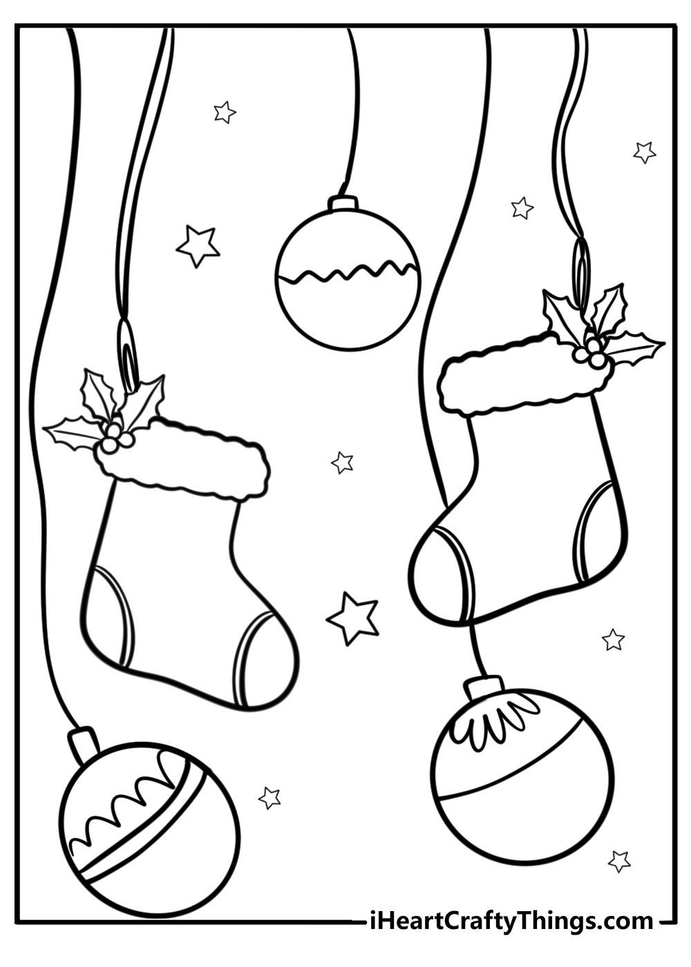 Christmas stocking with ornaments detailed coloring sheet