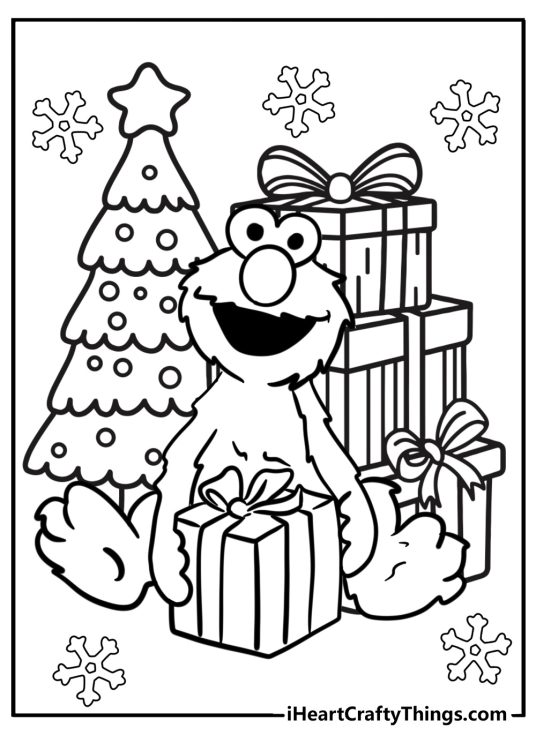 Detailed printable poster presenting Elmo sitting surrounded by gift boxes with Christmas tree behind him