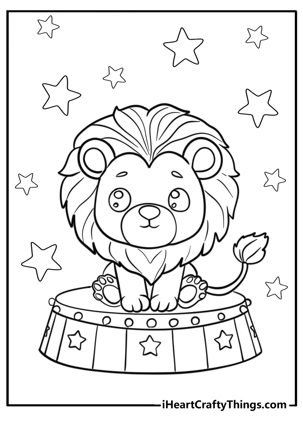 Circus coloring page of cute lion sitting on a circus platform