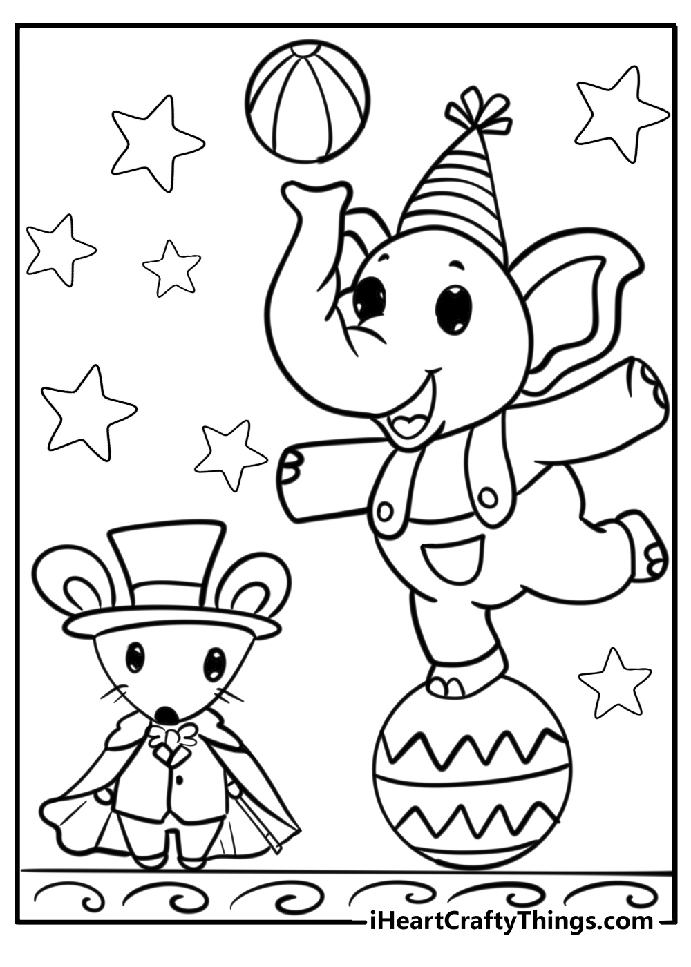 Circus coloring page of kawaii magician mouse and balancing elephant for kids