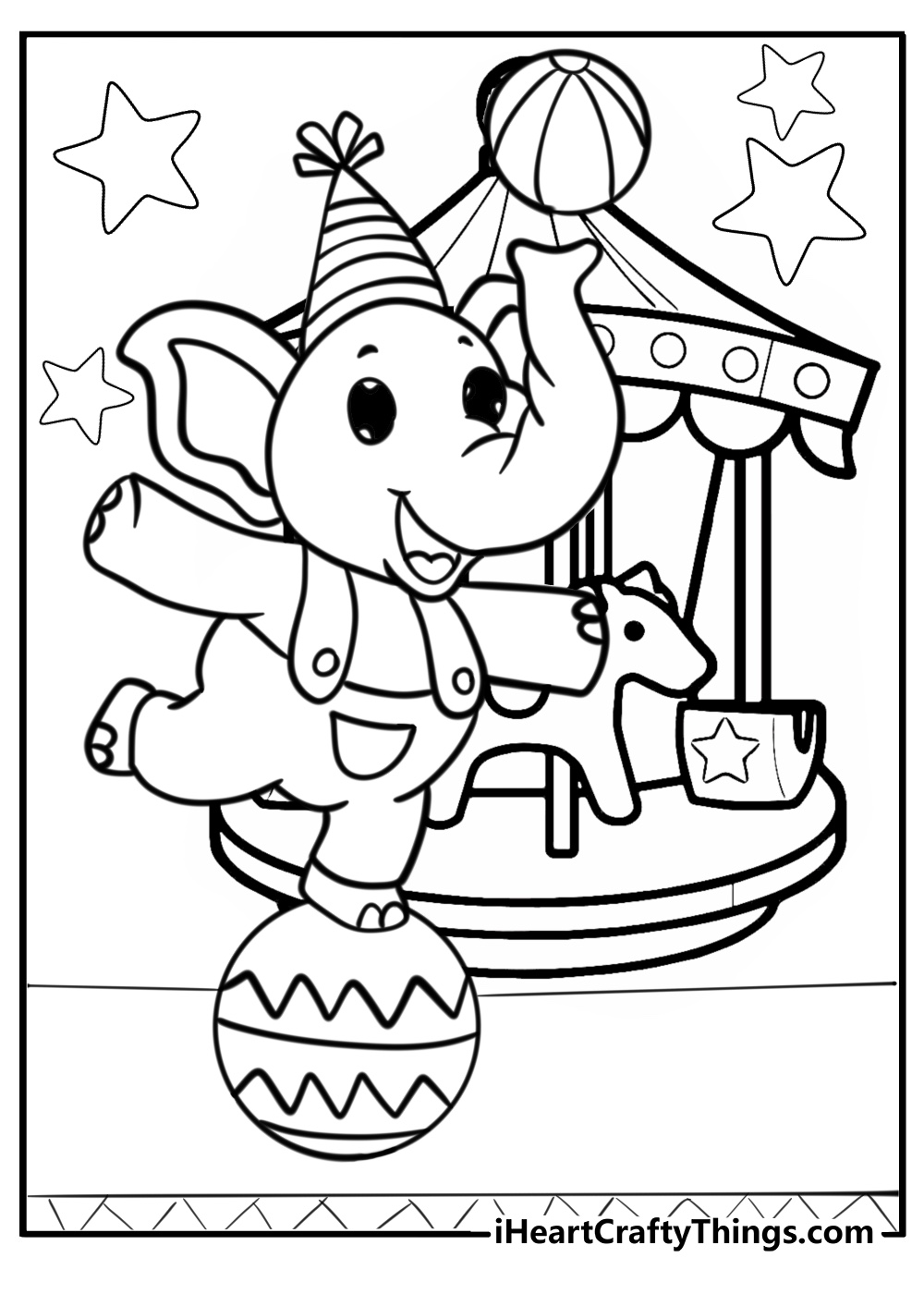 Circus coloring page of large elephant on top of a ball
