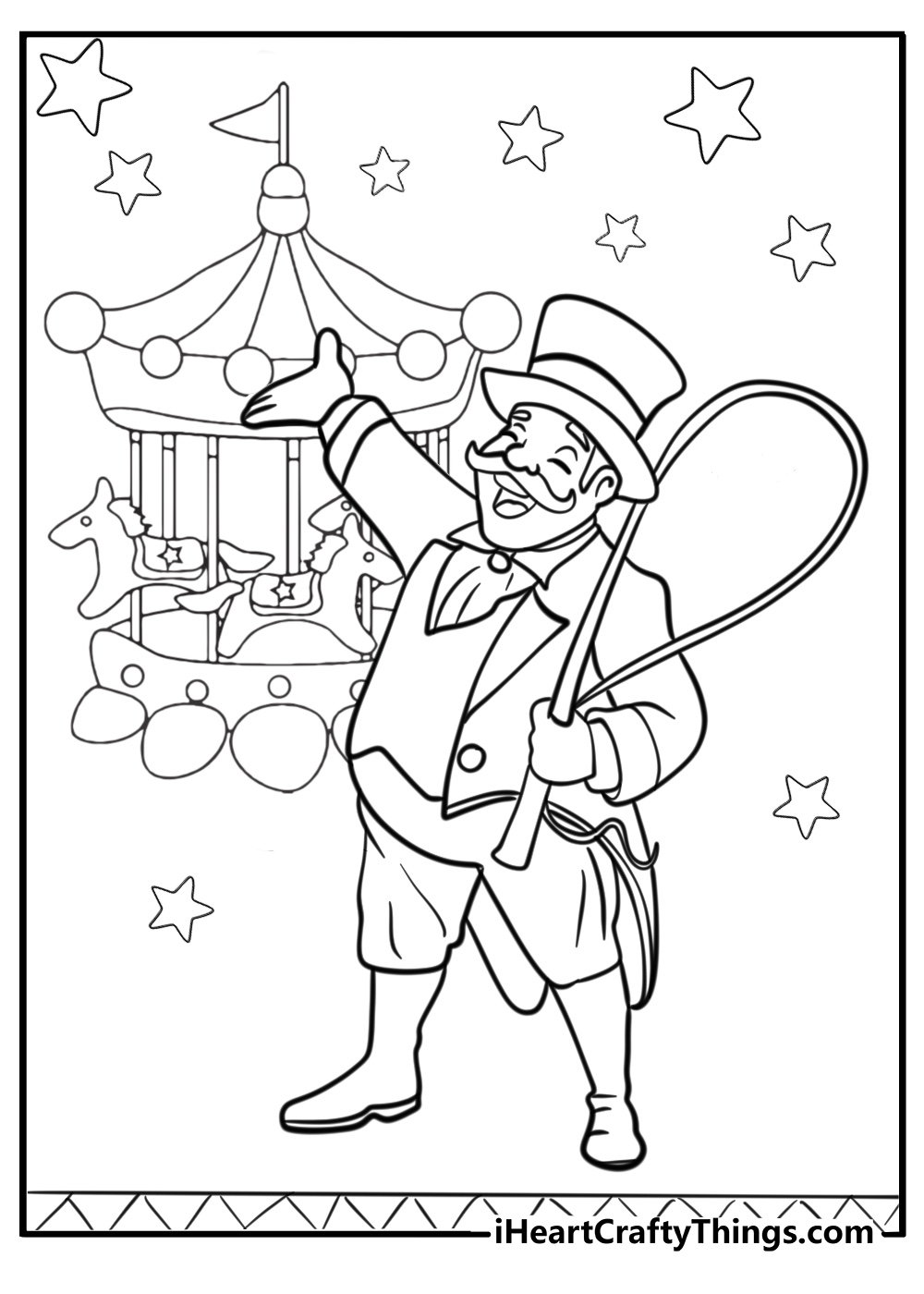 Circus coloring page of ringmaster holding whip and burning ring