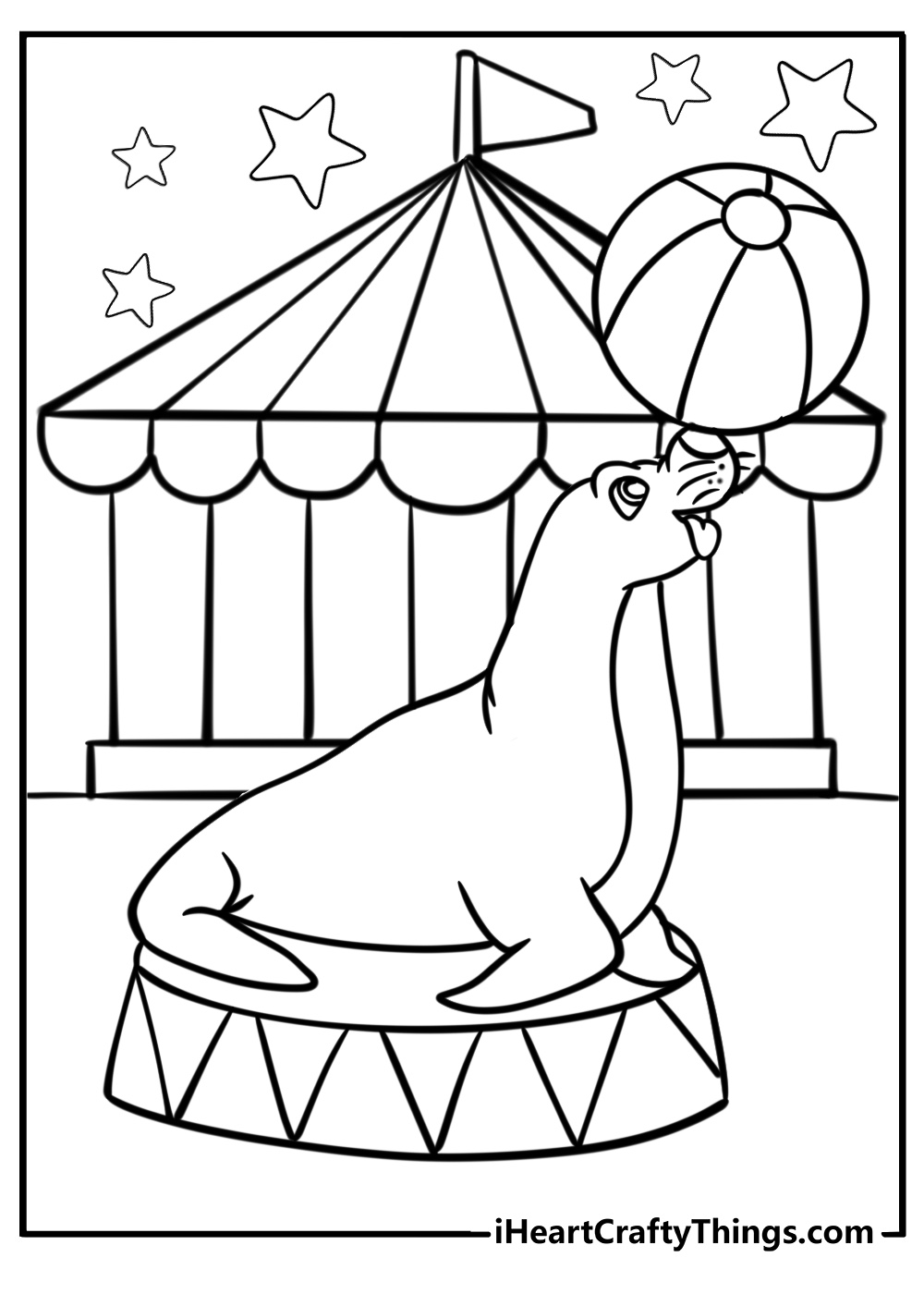 Circus coloring page of seal balancing ball on its nose