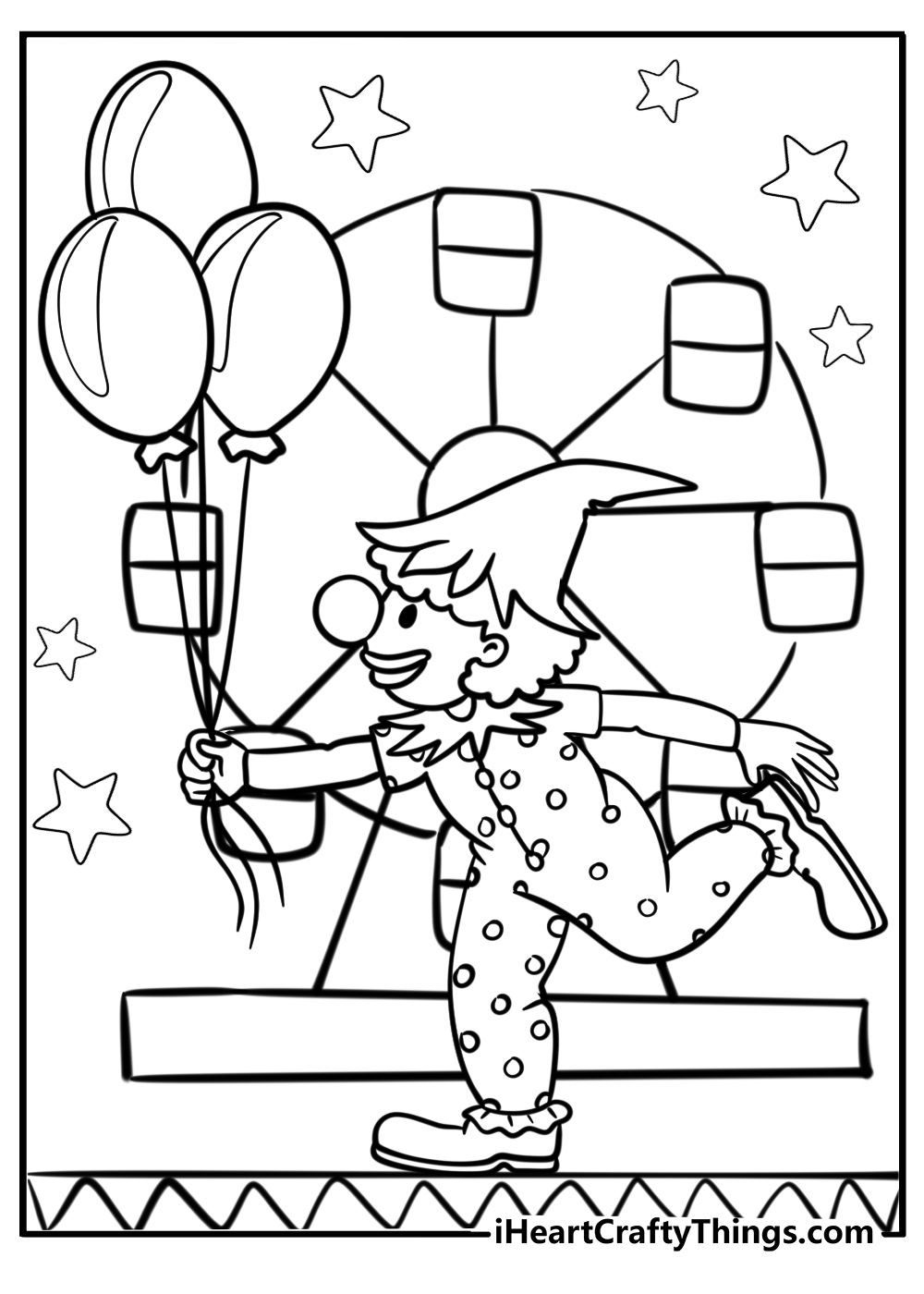 Circus coloring page of simple clown with balloons