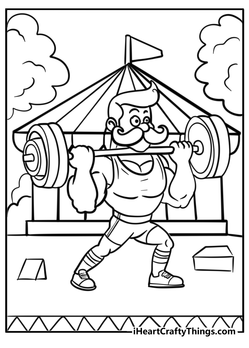 Circus coloring page of strongman with mustache lifting weights