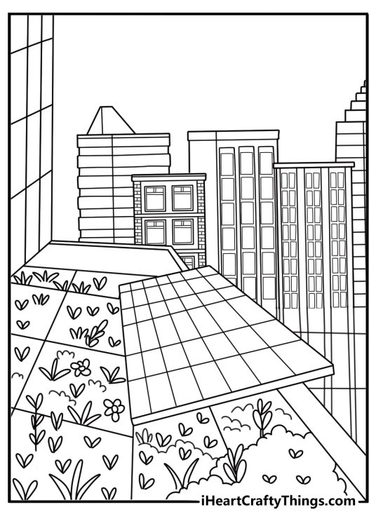 city coloring sheet rooftop garden scene with solar panels and nearby high rises