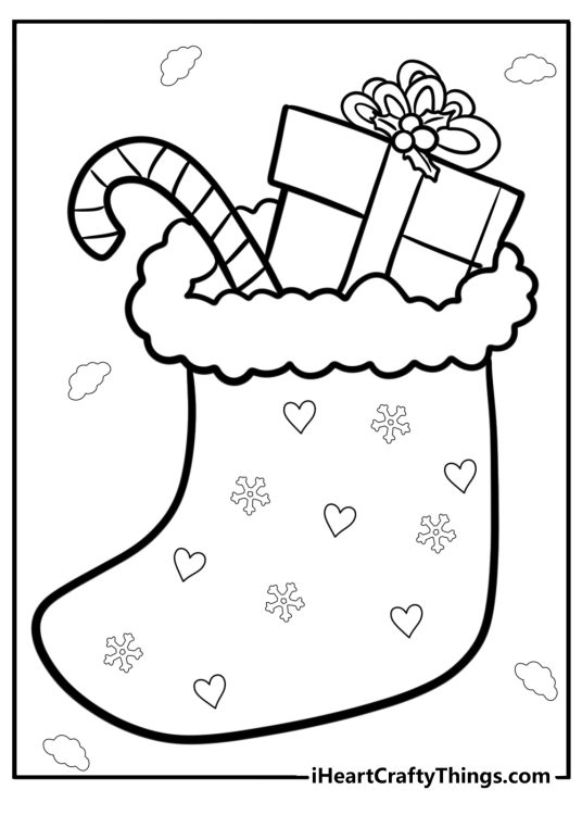Classic christmas stocking with candy and gifts coloring page