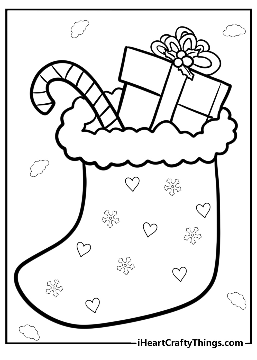 Classic christmas stocking with candy and gifts coloring page