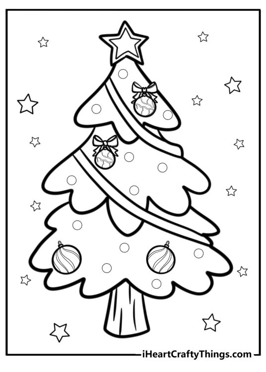 Christmas ornament-themed coloring image of a Christmas tree decorated with various design baubles