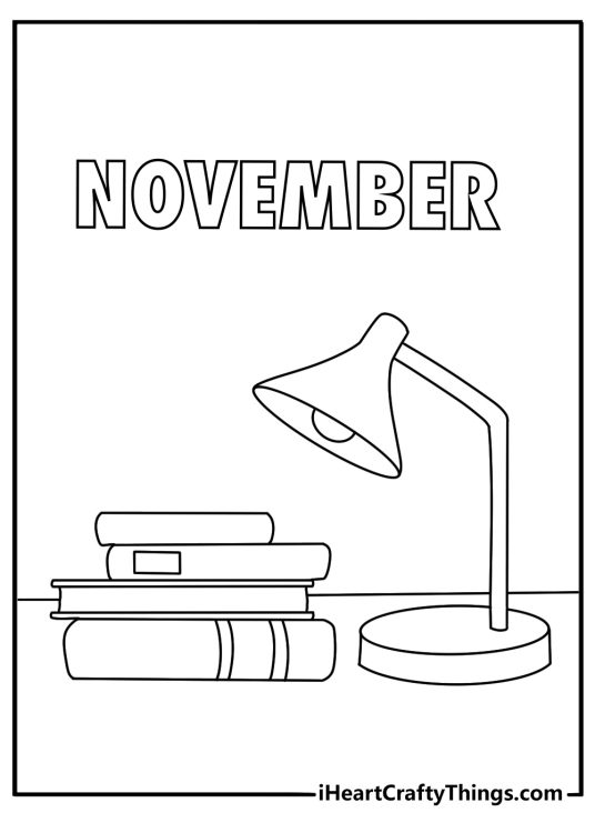collection of books sits beside a desk lamp in this relaxing november printable