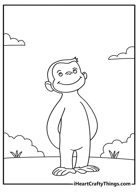 coloring page featuring cute portrayal of a happy curious george in hands behind back pose