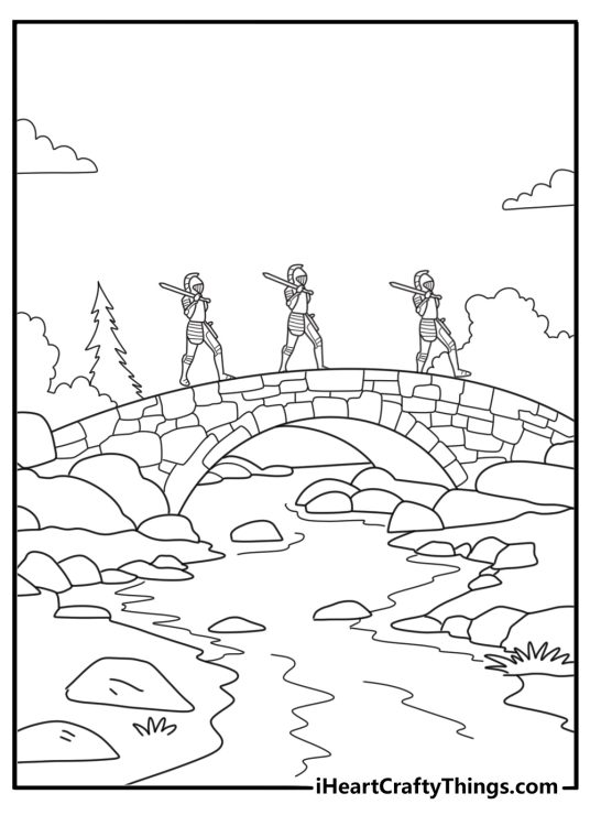 coloring page knight crossing stone bridge over moat