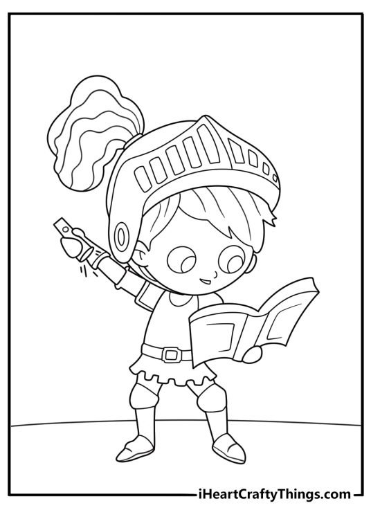 coloring page knight reading old map by torch light