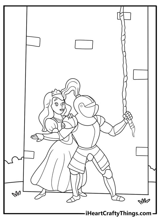 coloring page knight rescuing princess from tall tower