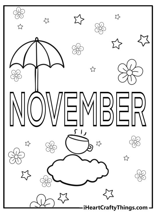 Fall-themed printable with a word NOVEMBER in the centre and flowers stars umbrella a cup of tea all around it