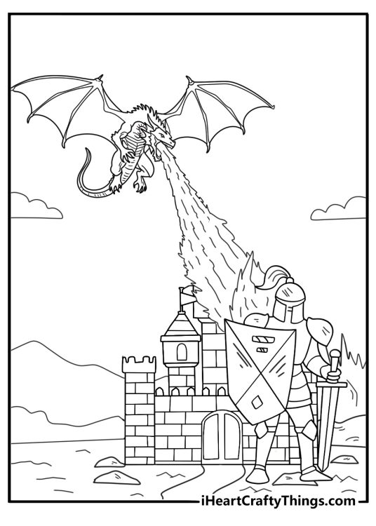 coloring pdf knight facing dragon near castle gate