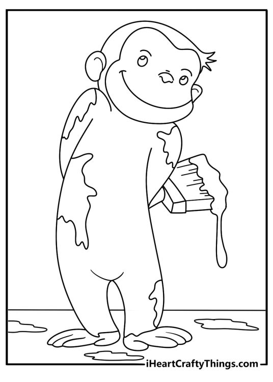 coloring pdf of a guilty looking curious george with some paint all over him hiding paintbrush behind his back
