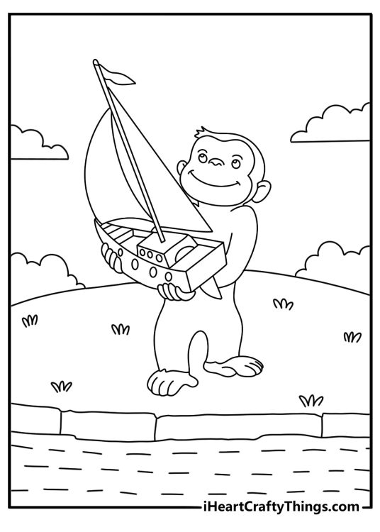 coloring sheet featuring curious george holding a sailboat standing surrounded by nature
