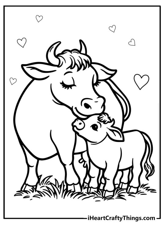 Cow and calf cuddling free coloring page pdf
