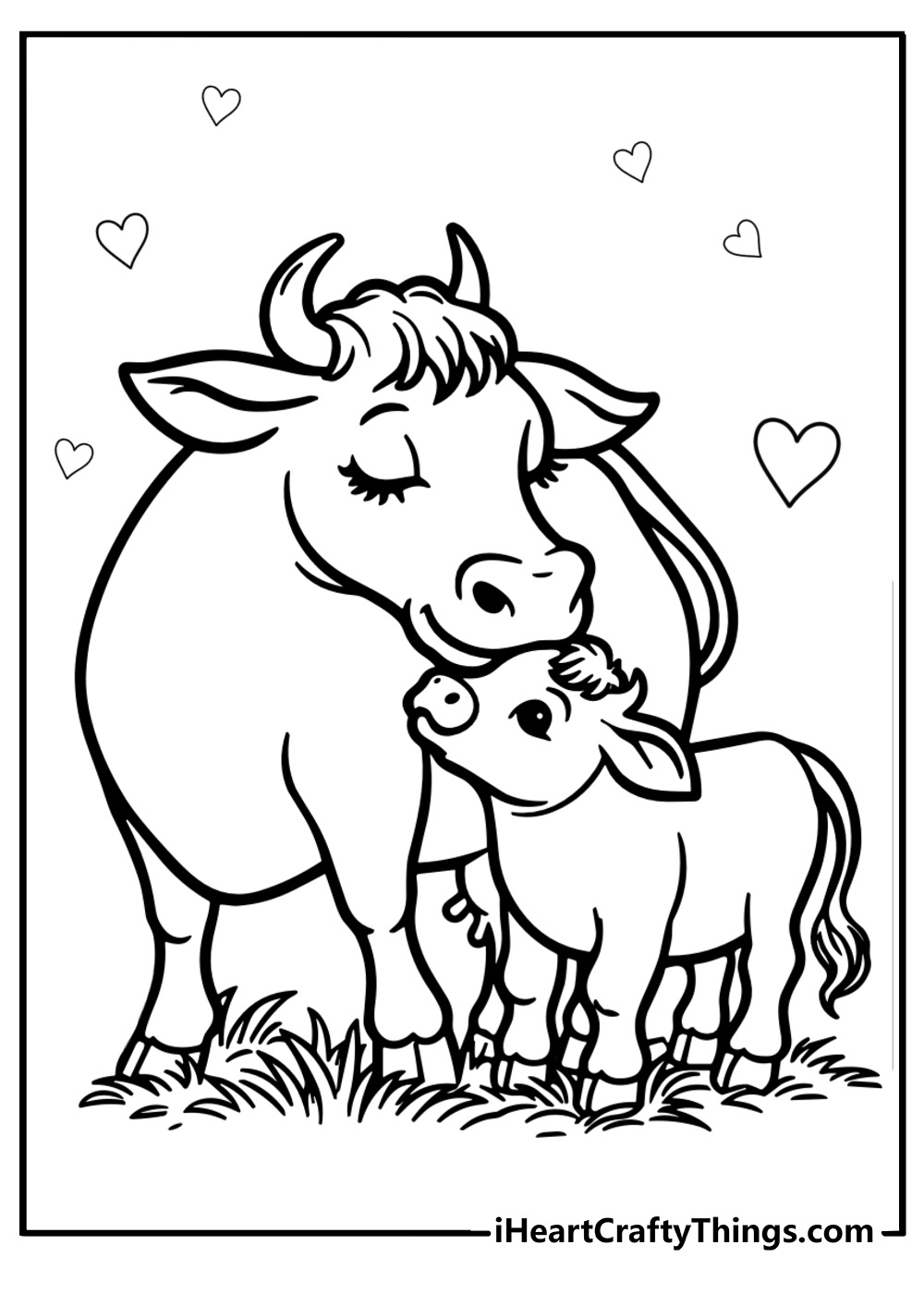 Cow and calf cuddling free coloring page pdf