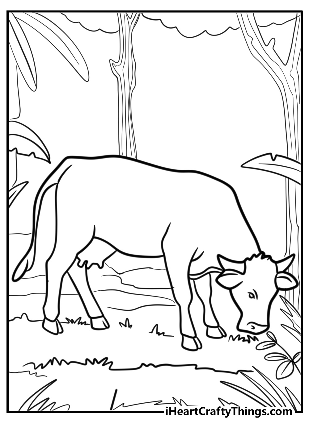 Cow grazing in a field coloring page for kids