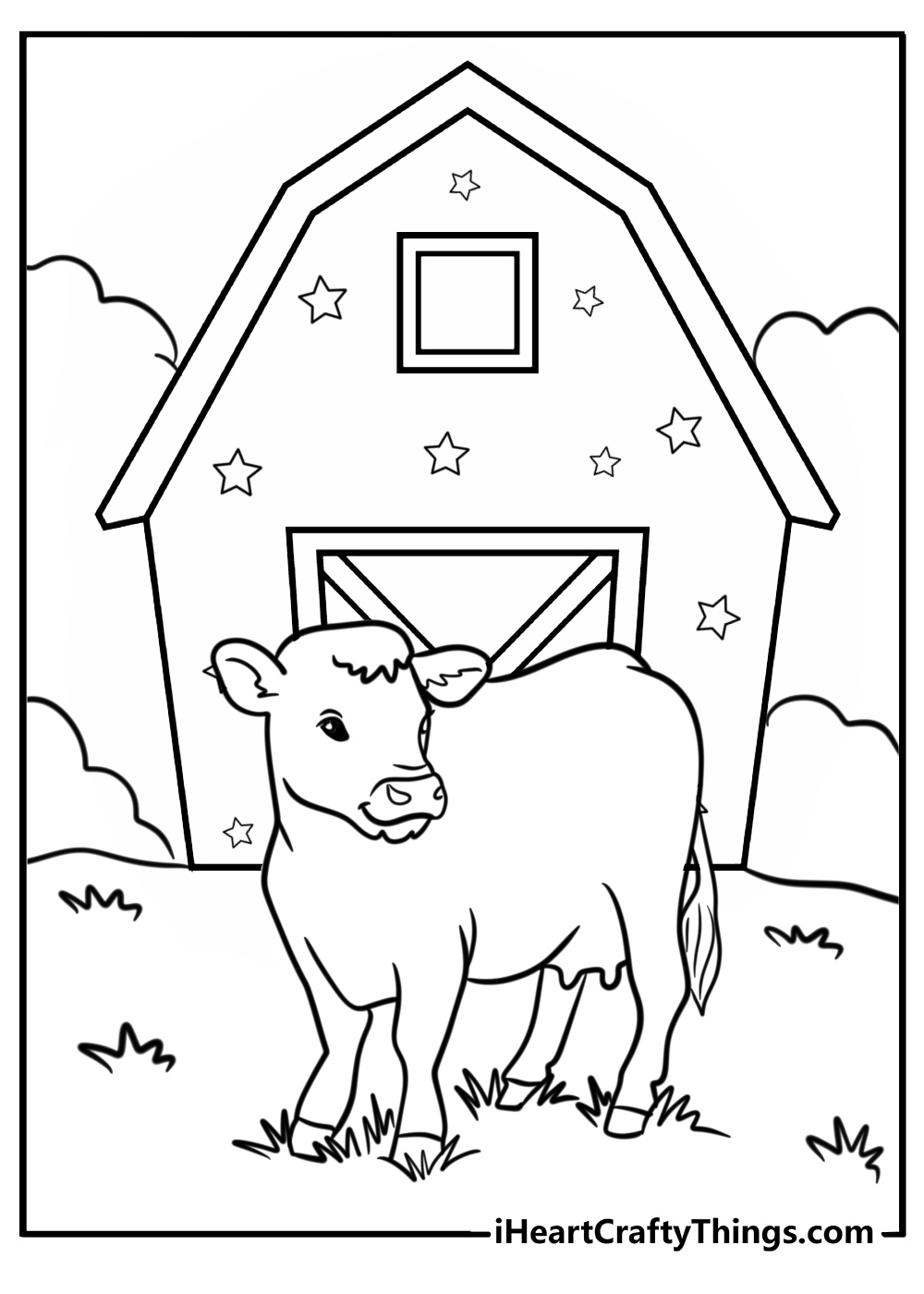 Cow in a barnyard scene free printable coloring page