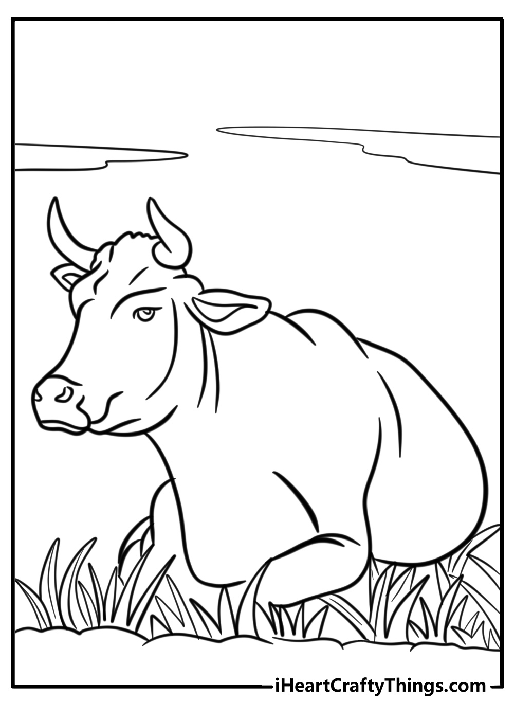 Cow lying down in the meadow coloring page for kids