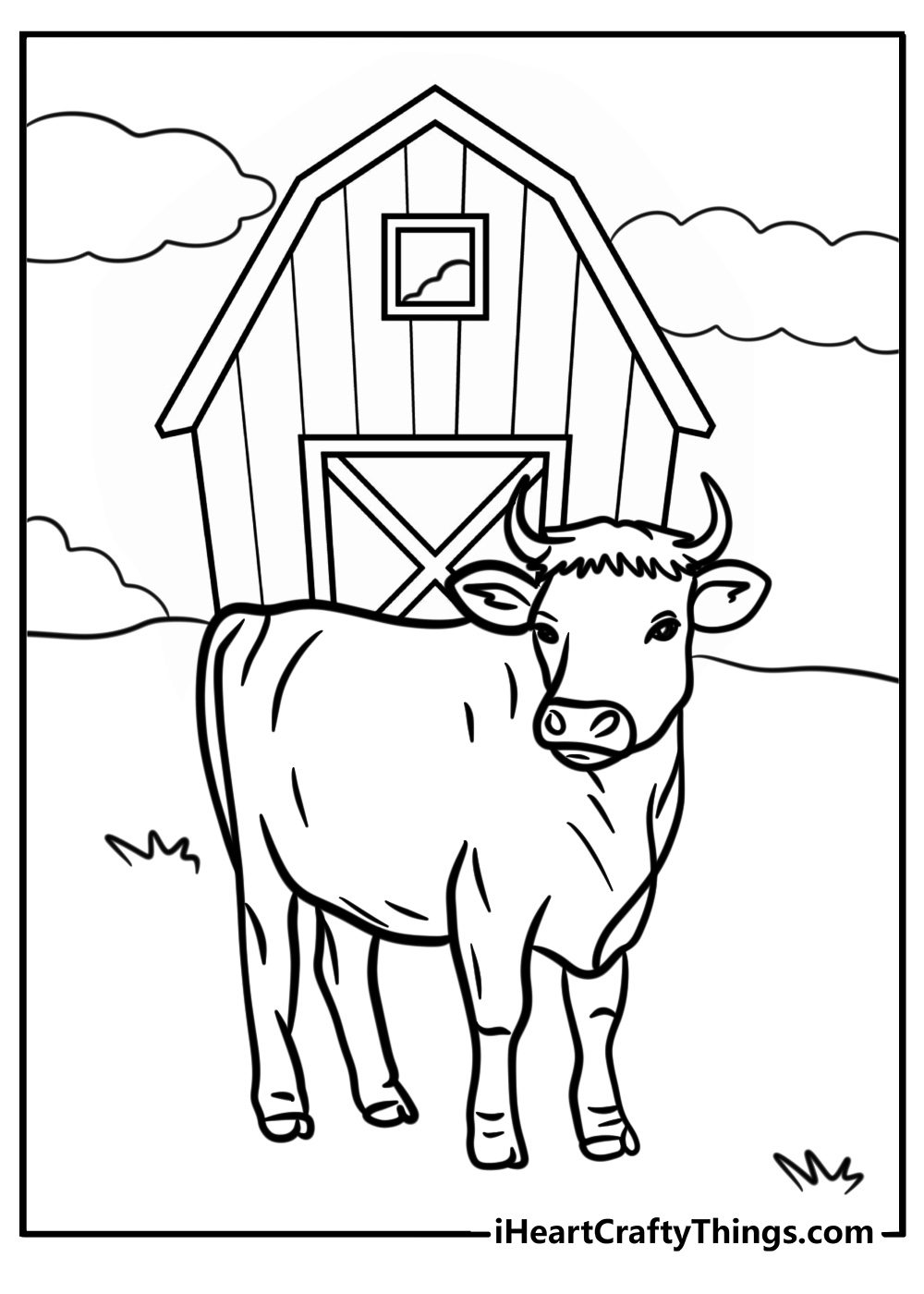 Cow standing near a barn free printable coloring page