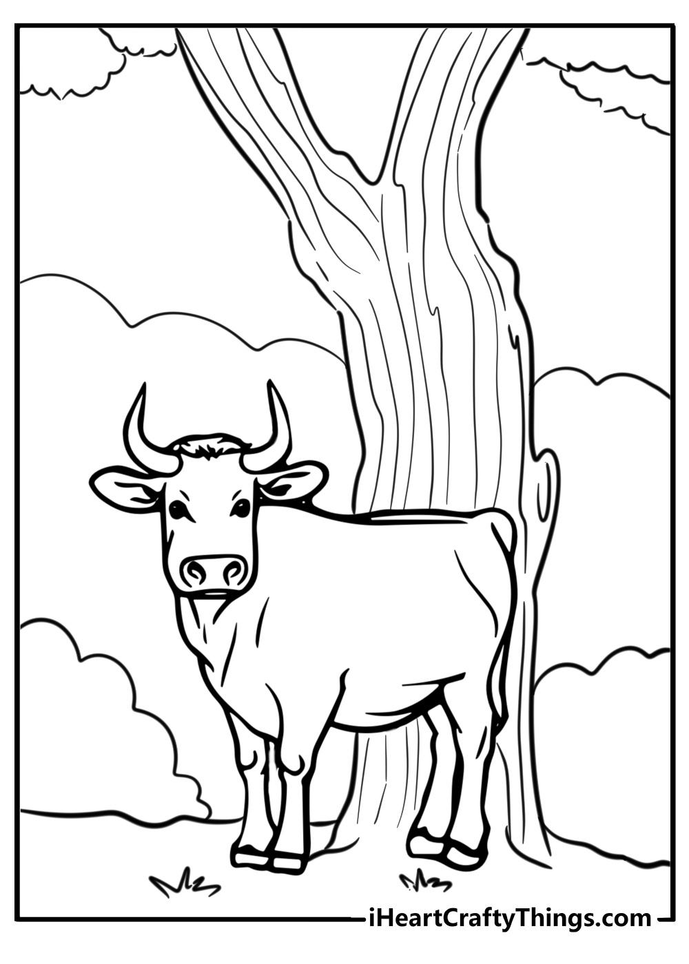 Cow standing under a tree printable coloring page